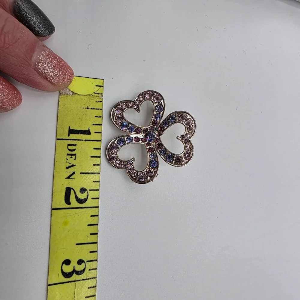 Vintage Liz Claiborne Silver Tone 3 Heart Multicolor Rhinestones Brooch Pin 1.5